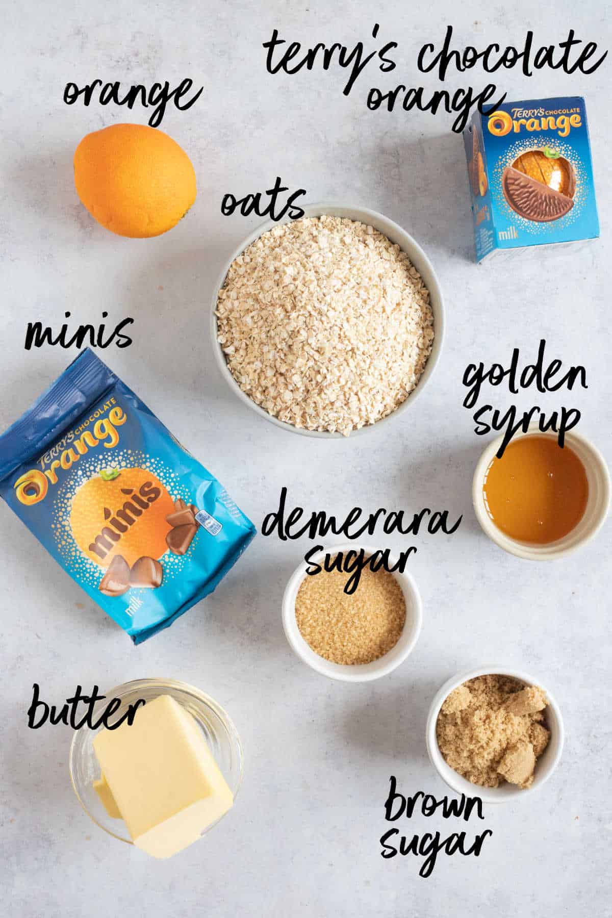 Ingredients for Terry's chocolate orange flapjacks.