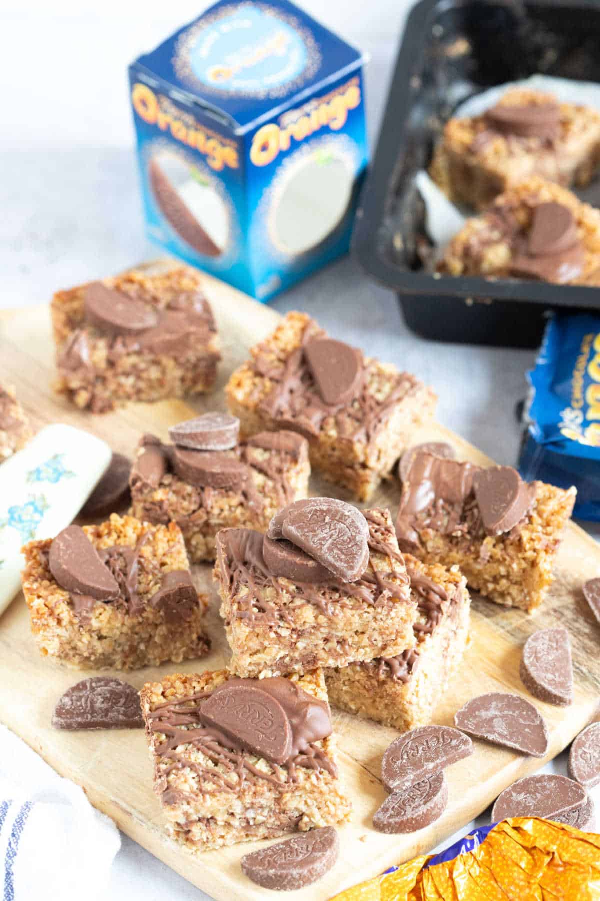 Terry's Chocolate Orange Flapjacks on a serving platter.