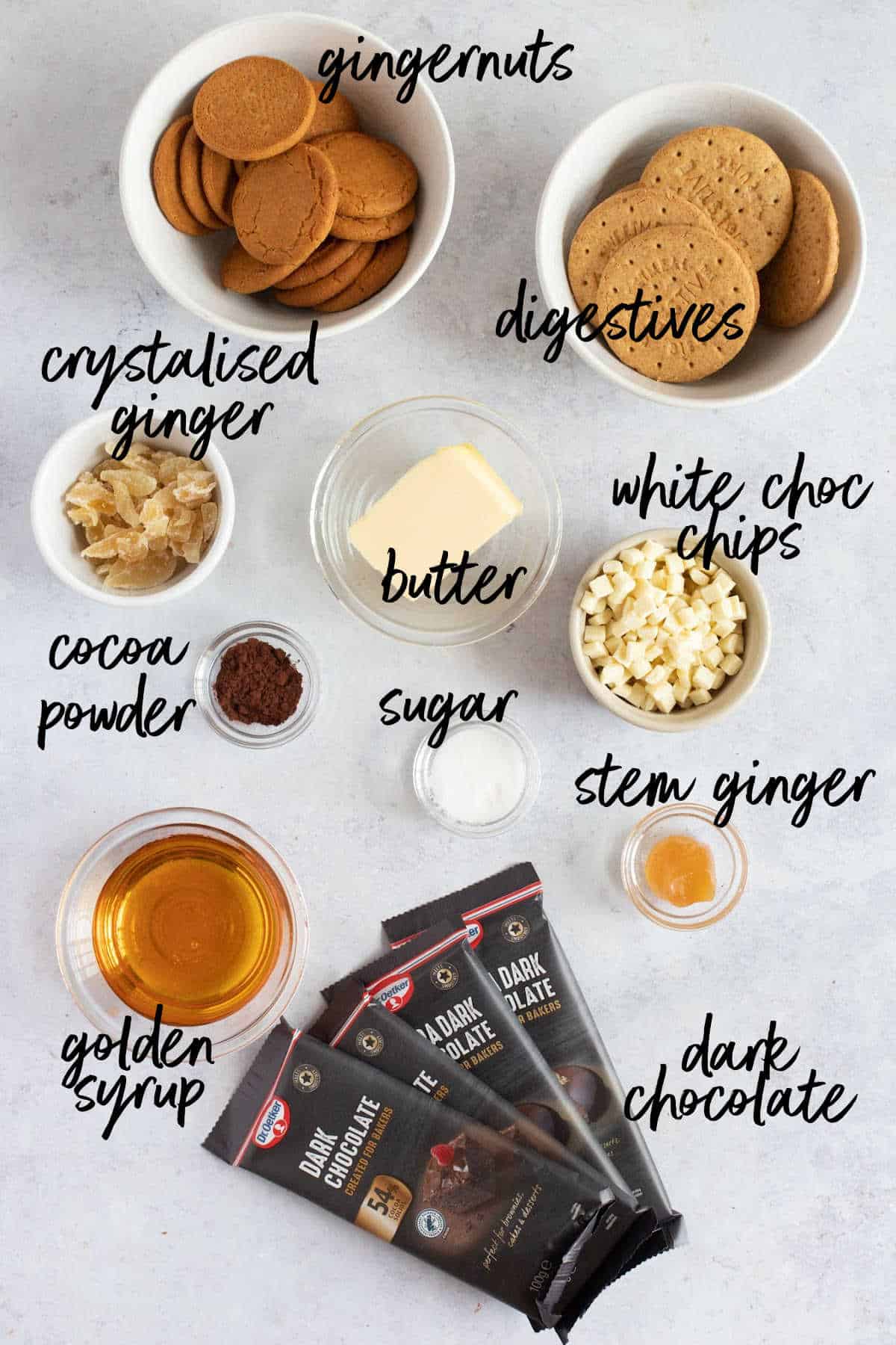 Ingredients for dark chocolate tiffin with ginger.