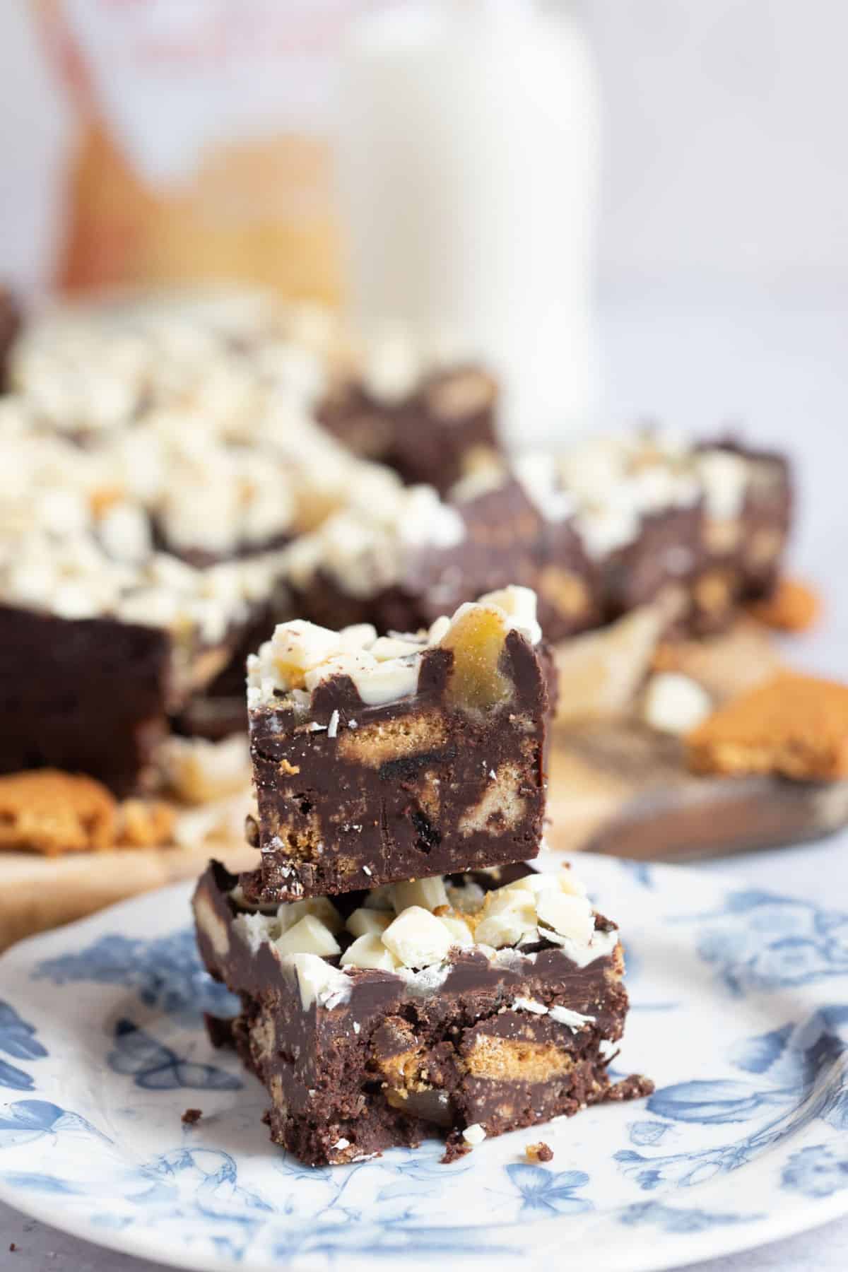 A stack of dark chocolate and ginger tiffin.