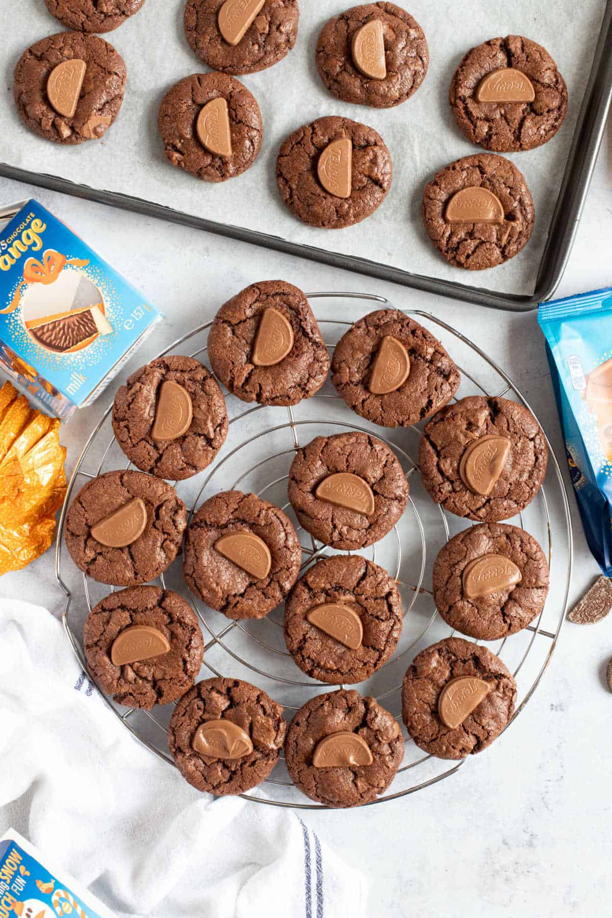 Terry's chocolate orange cookies on a cooling rack