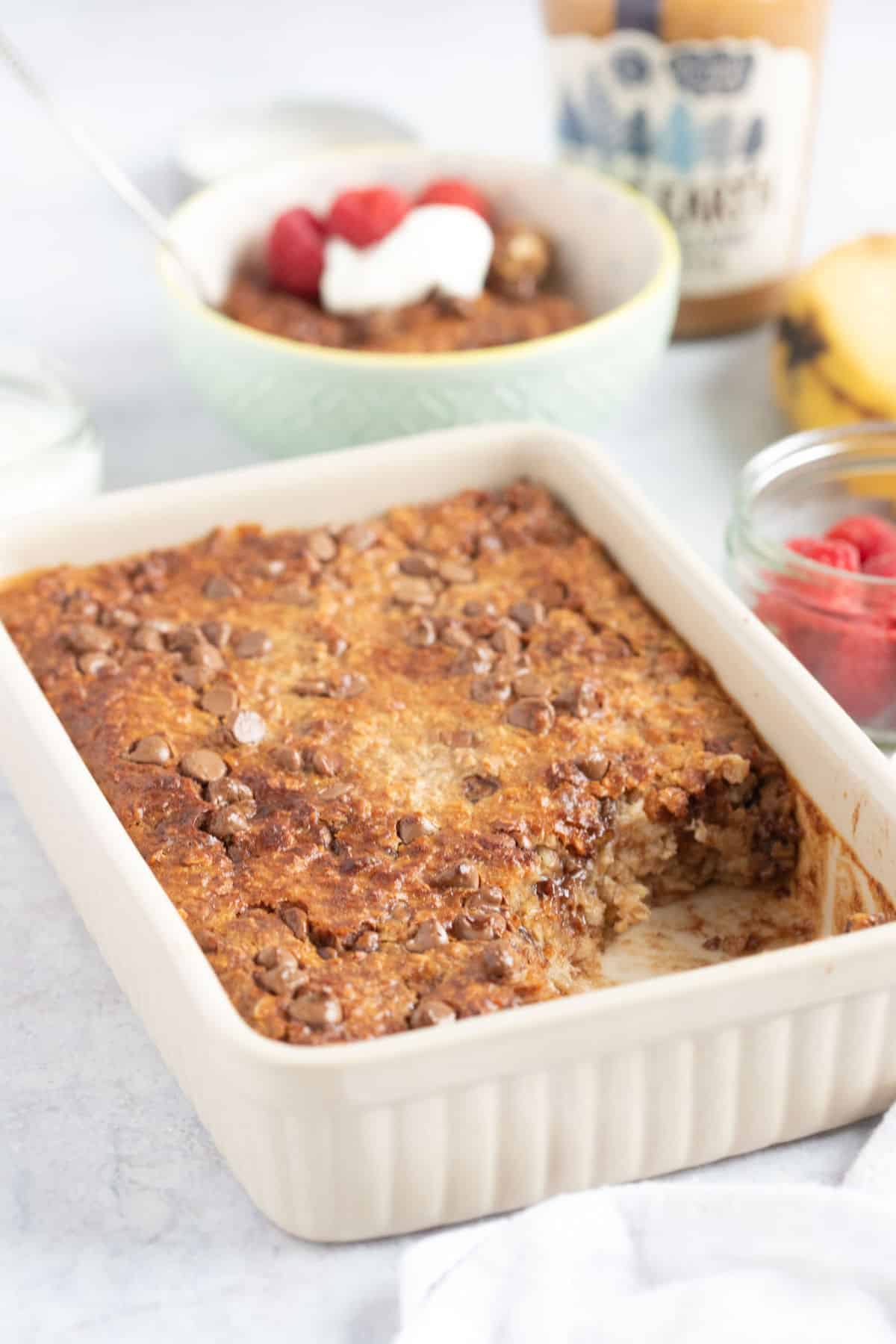 Air fryer baked oats in a baking dish.