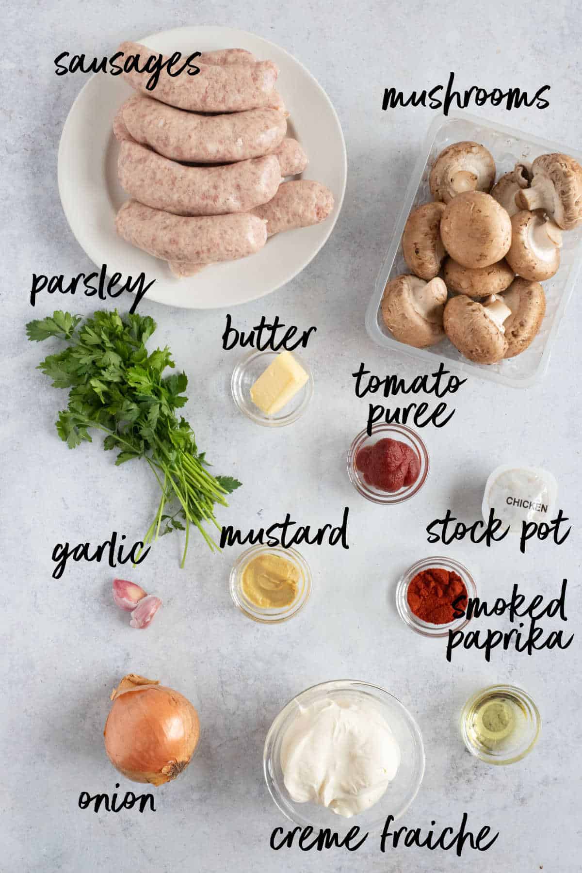 Ingredients for sausage stroganoff.