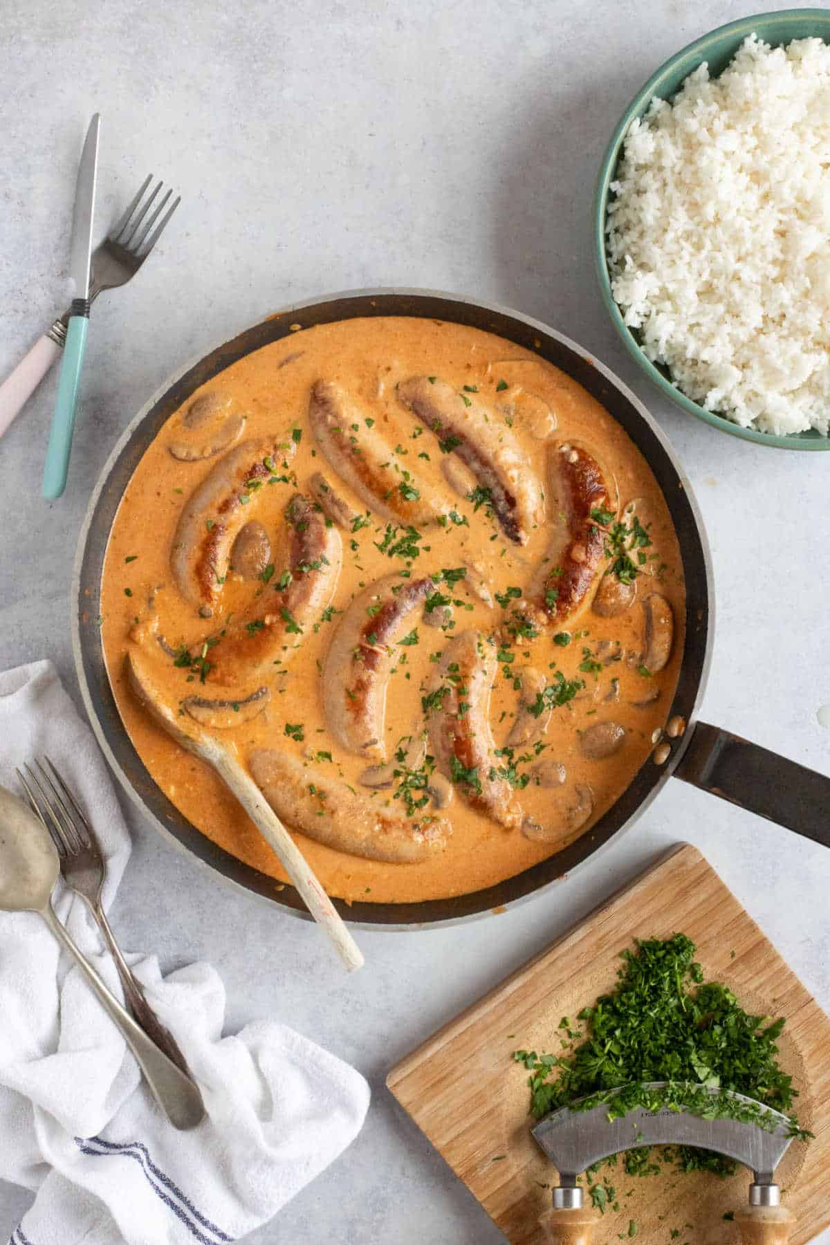 A pan of creamy sausage stroganoff.