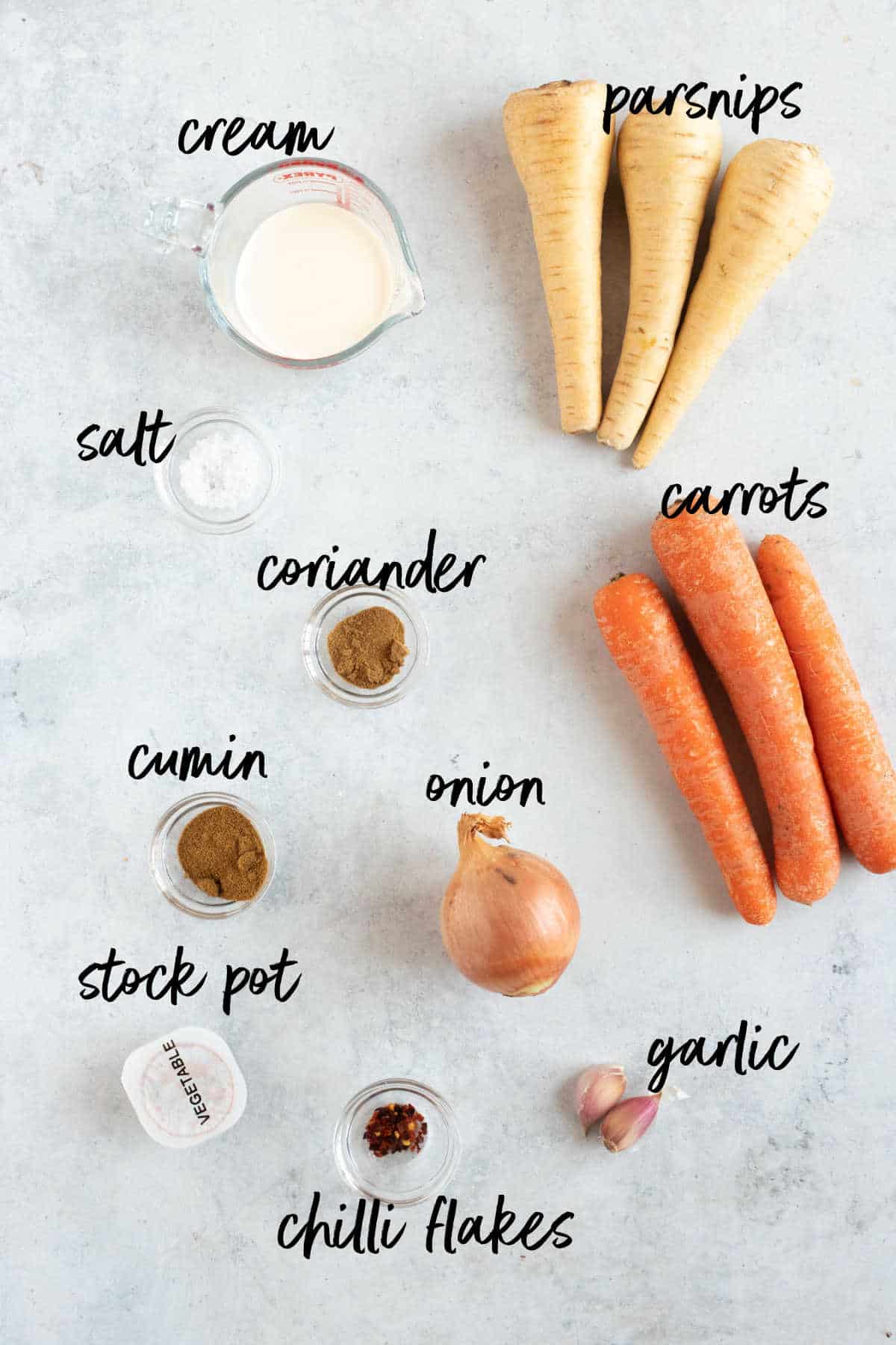 Ingredients for carrot and parsnip soup.
