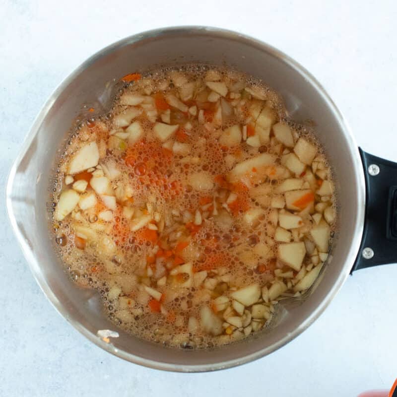 A soup maker with chopped vegetables in it.