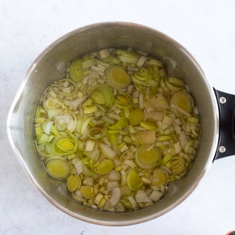 Leek, potatoes and stock in a soup maker.