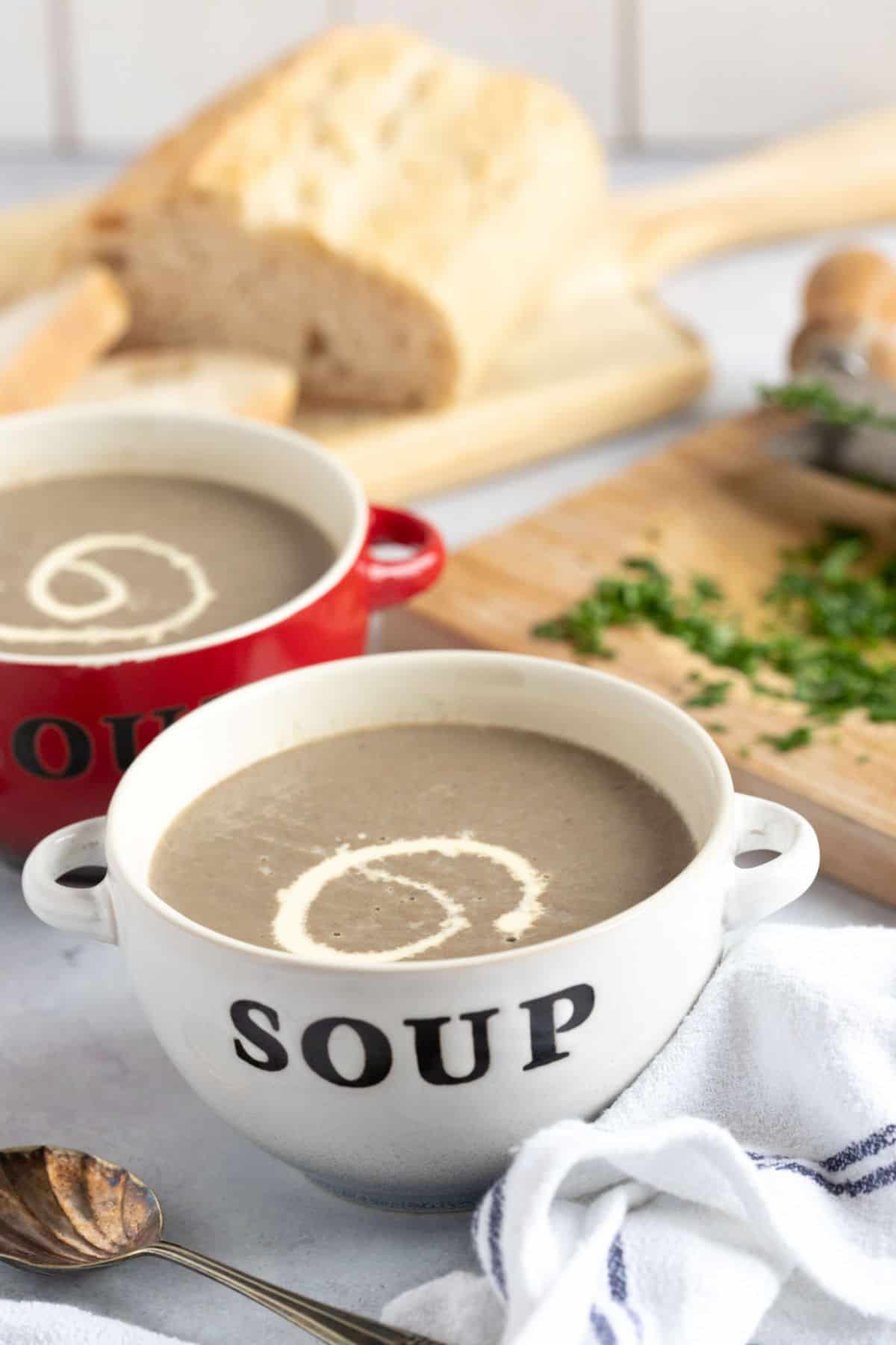 A bowl of smooth mushroom soup made in a soup maker.