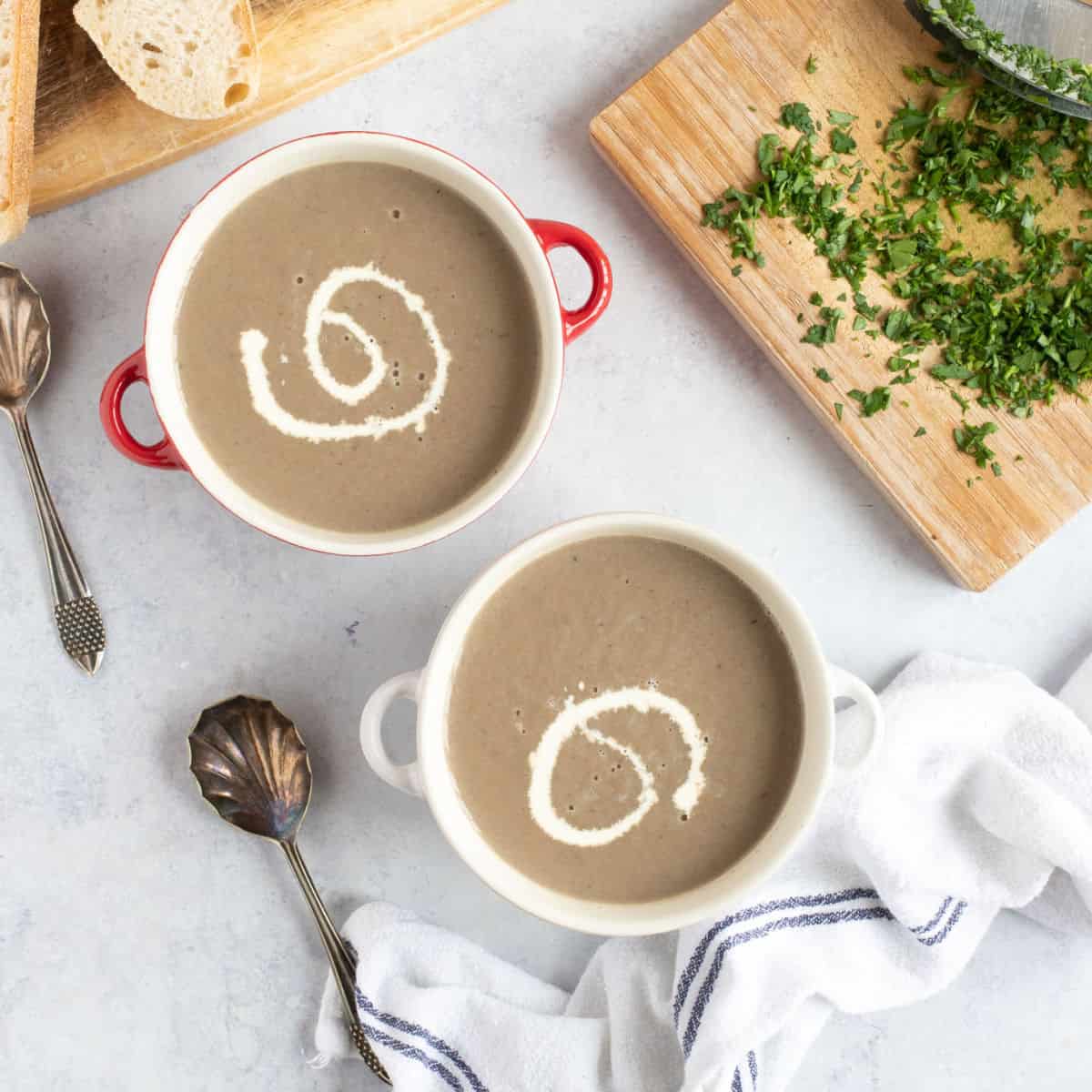 Two bowls of mushroom soup.