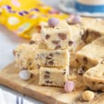 A stack of mini egg shortbread squares.