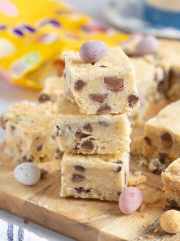 A stack of mini egg shortbread squares.