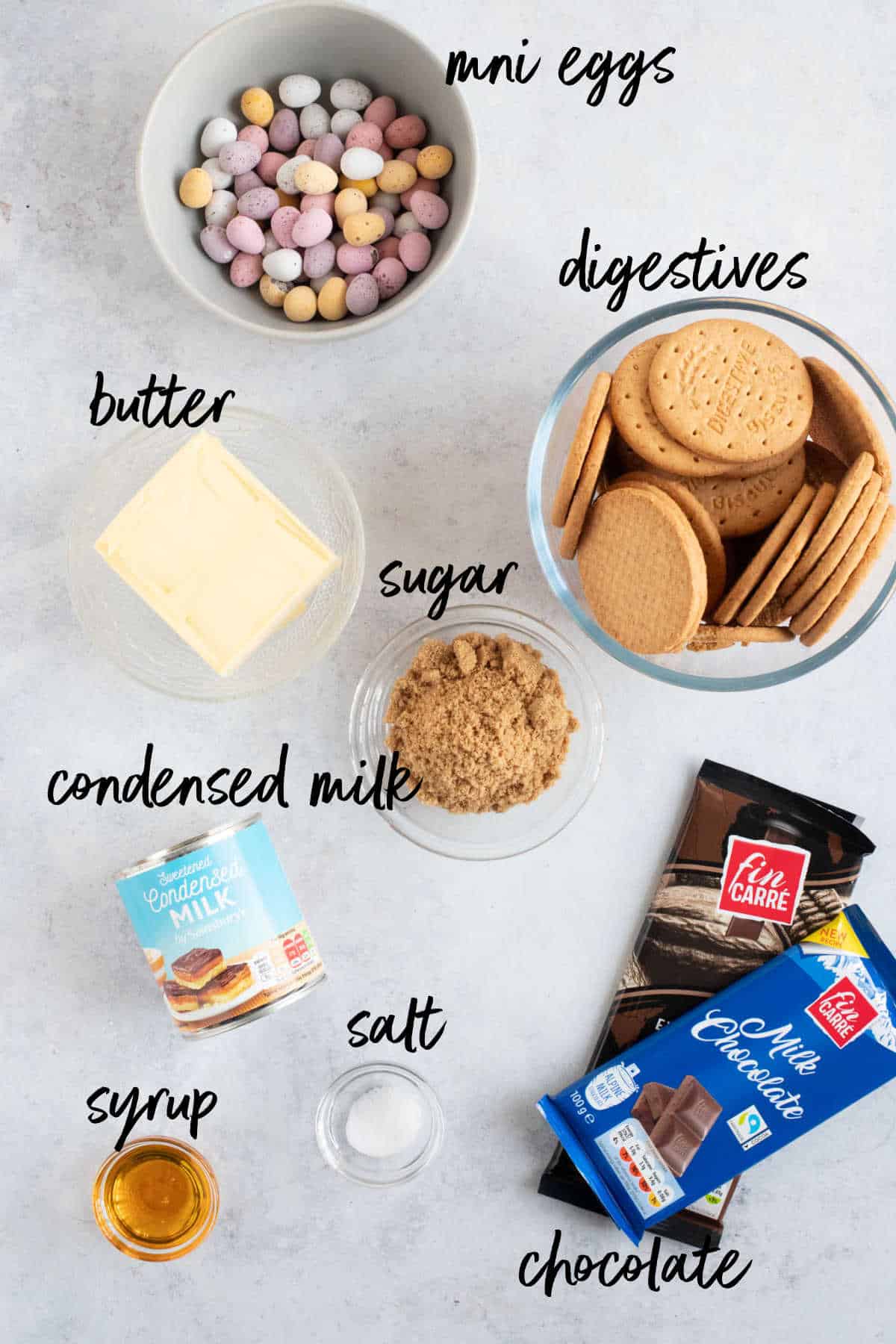 Ingredients for mini egg millionaires bars.