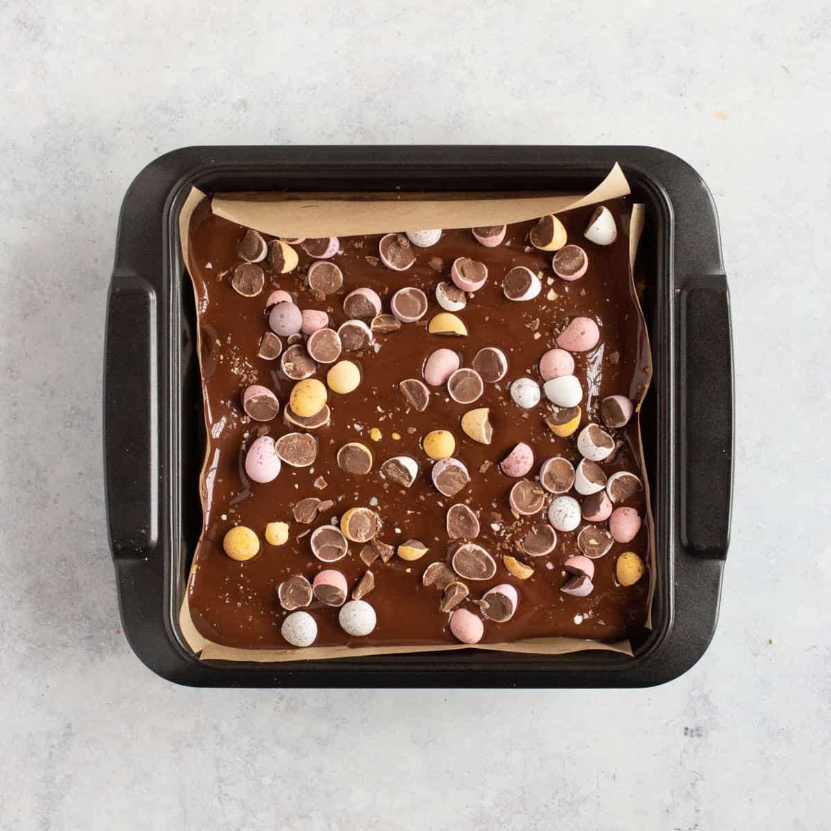 Mini egg millionaires in a baking tin.