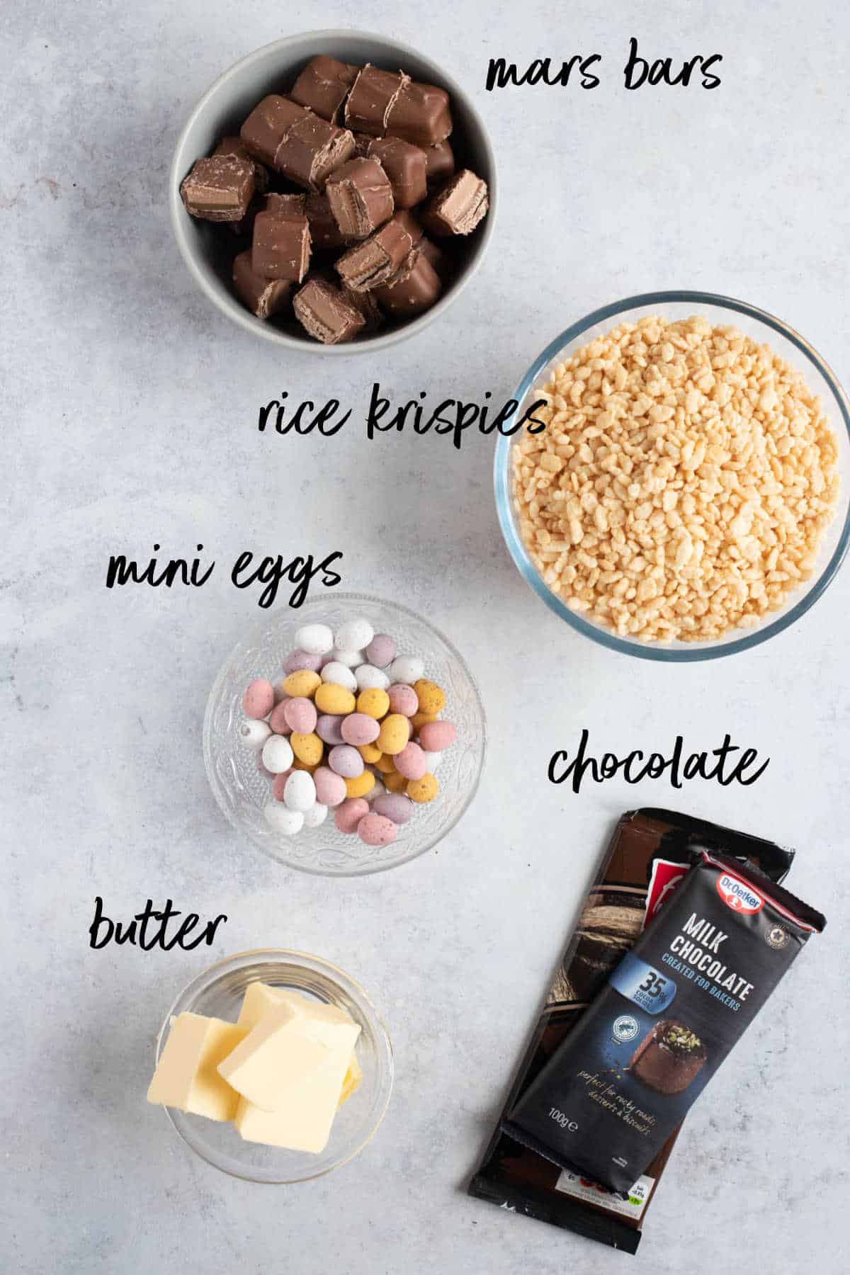 Ingredients for mini egg mars bar slices.