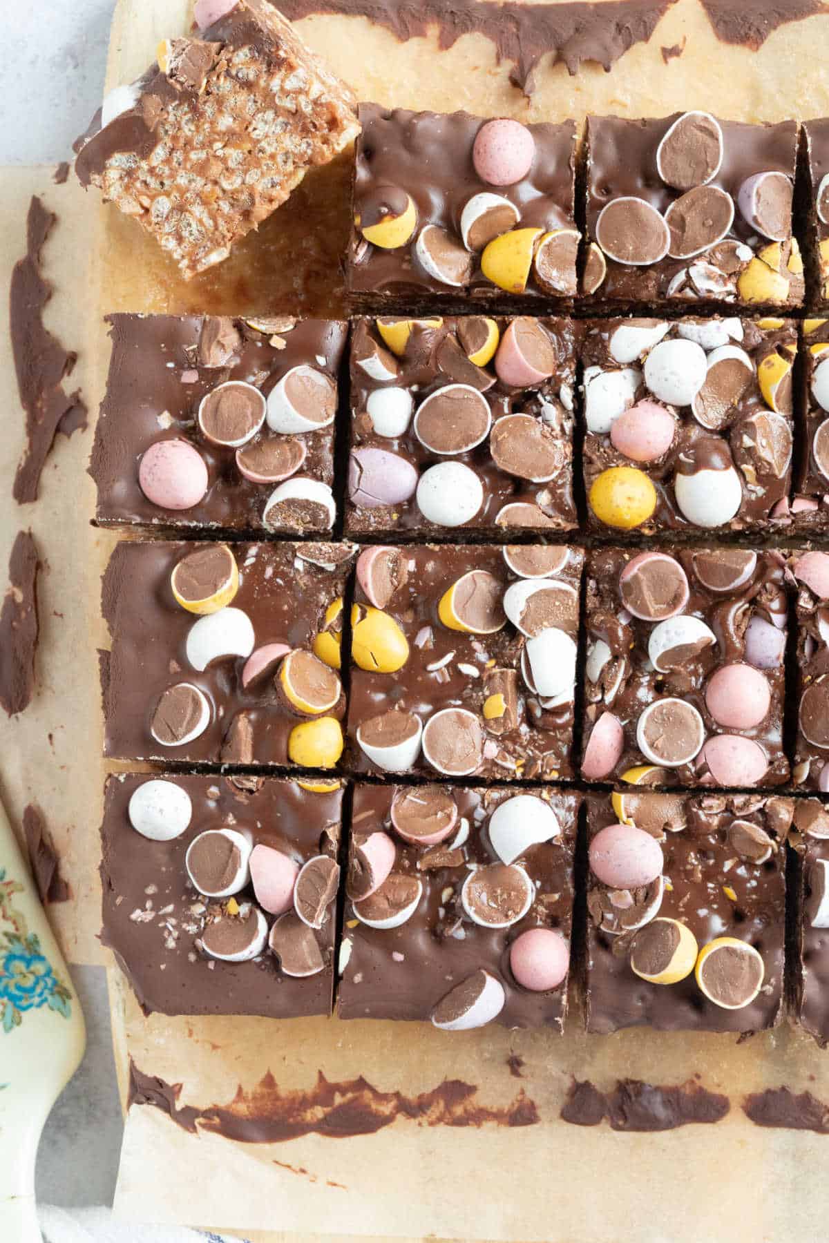 Mini Egg Mars Bar Slices cut into squares.