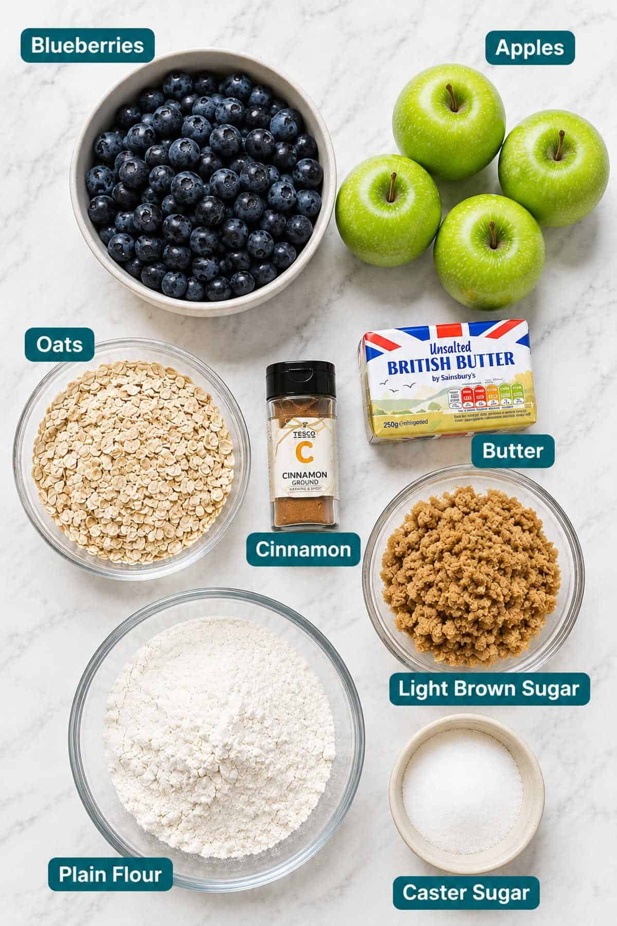 Ingredients for apple blueberry crumble.