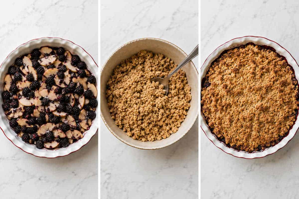 Blackberry crumble process collage.