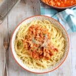 A bowl of pork mince bolognese with spaghetti.