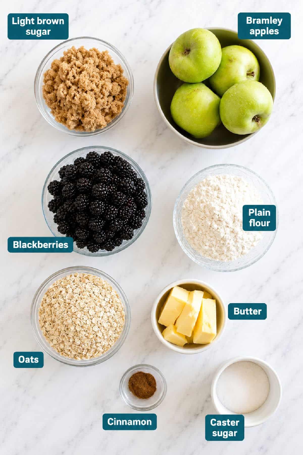 Ingredients photo for blackberry and apple crumble.
