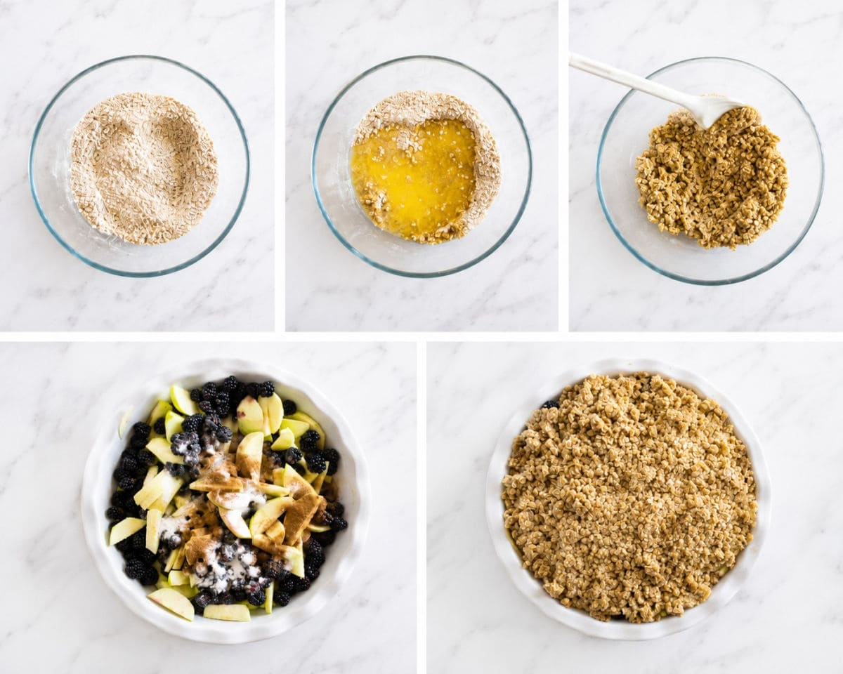 Step by step photo instructions collage for making blackberry and apple crumble.
