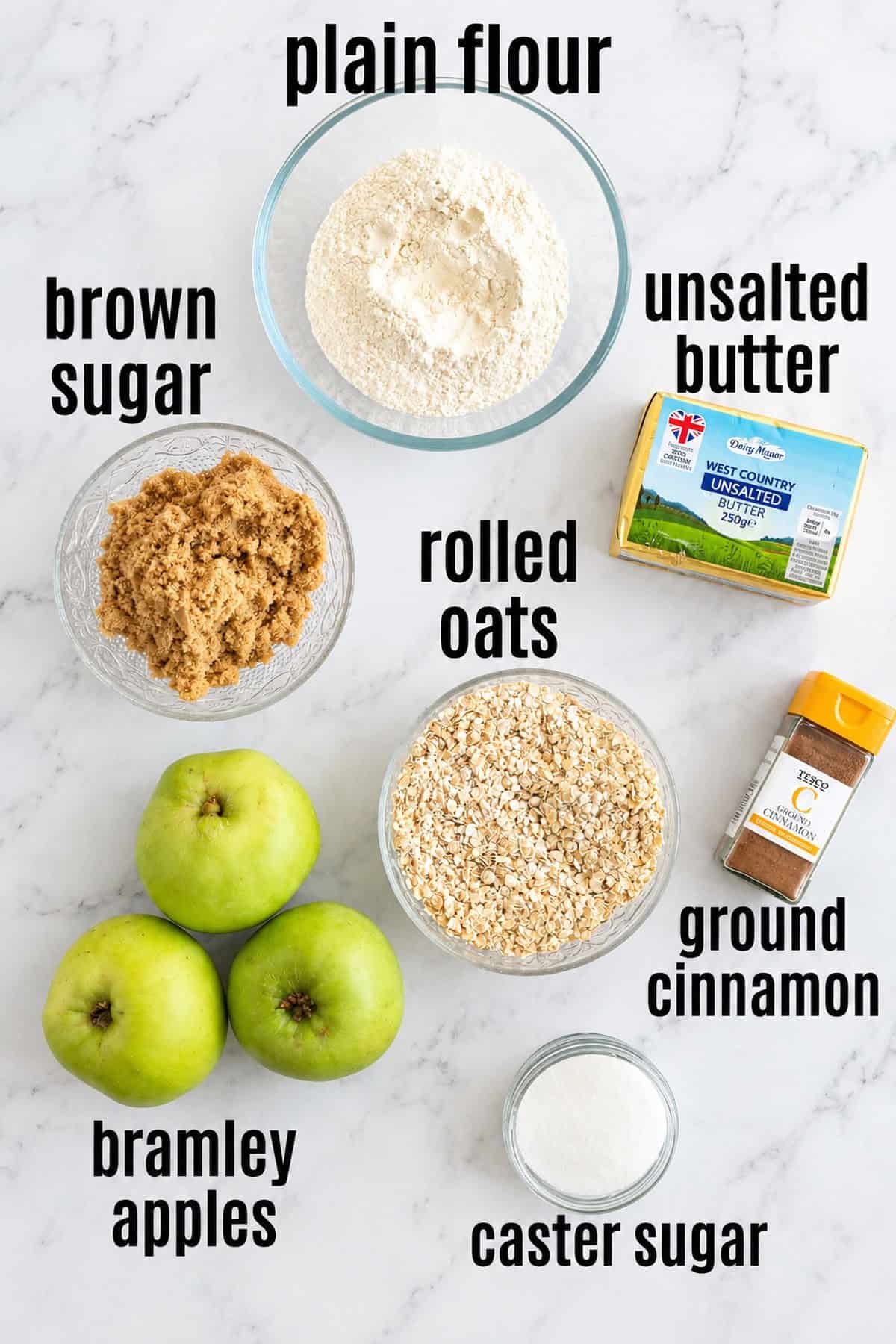 Ingredients for apple and cinnamon crumble.