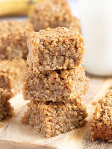 A stack of banana honey and peanut butter flapjacks