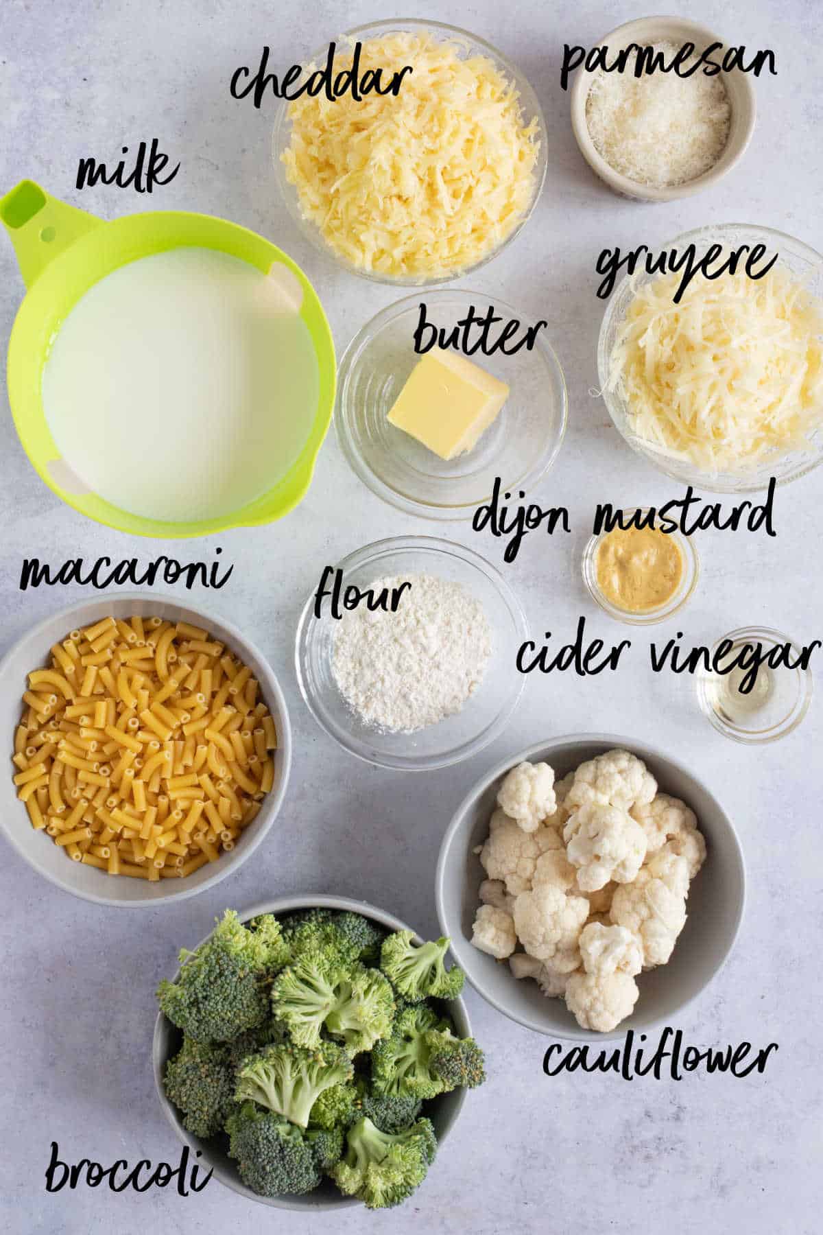 Ingredients for broccoli cauliflower mac and cheese.