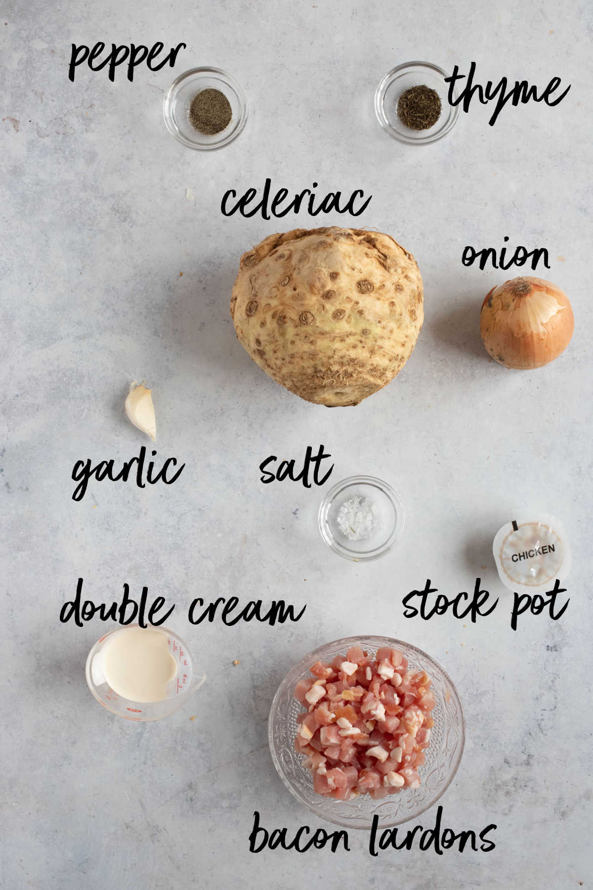 Ingredients for celeriac and bacon soup.