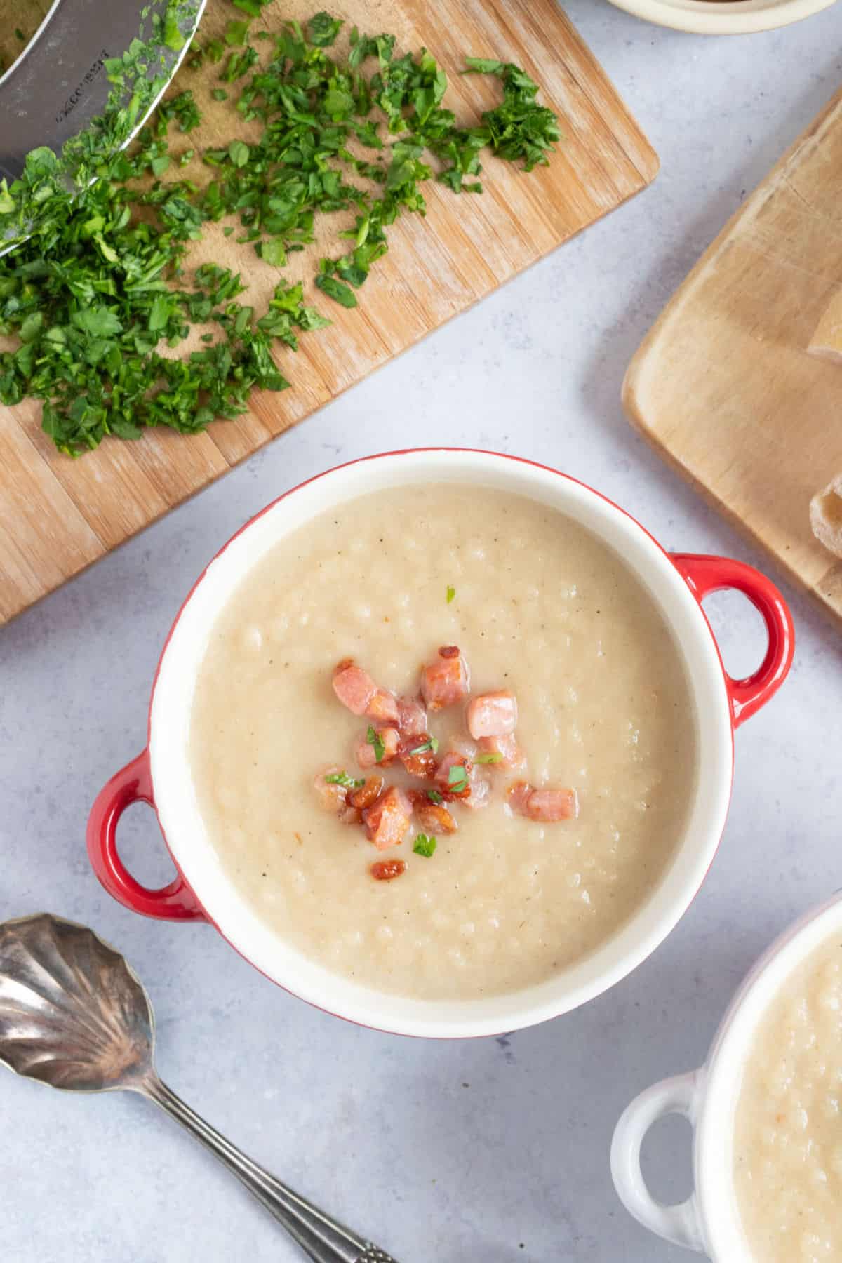 A bowl of celeriac and bacon soup.