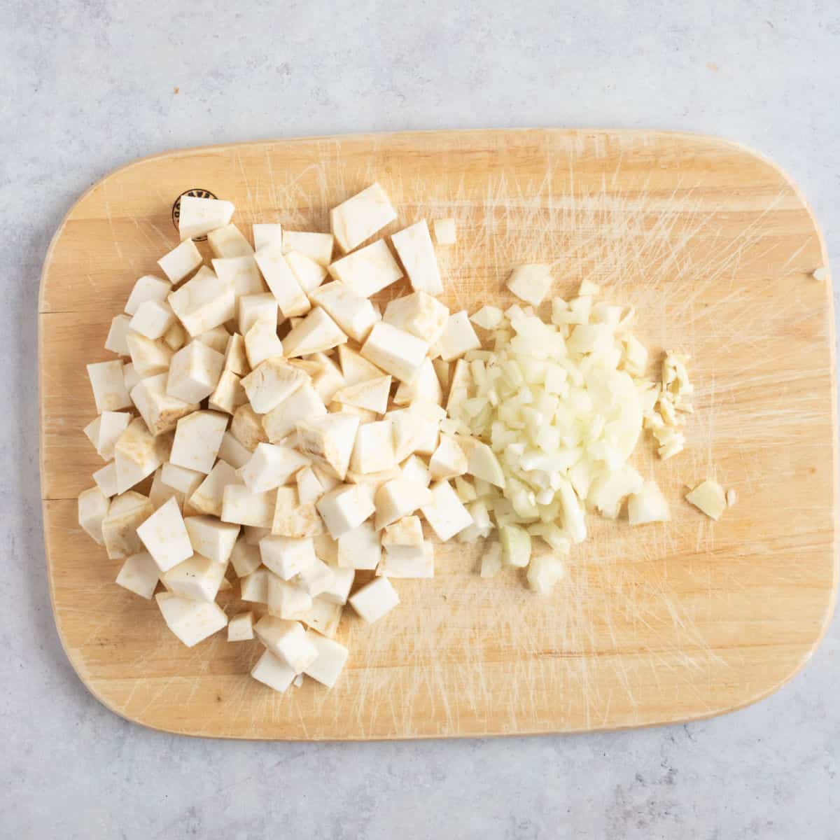 Chopped celeriac and onion.