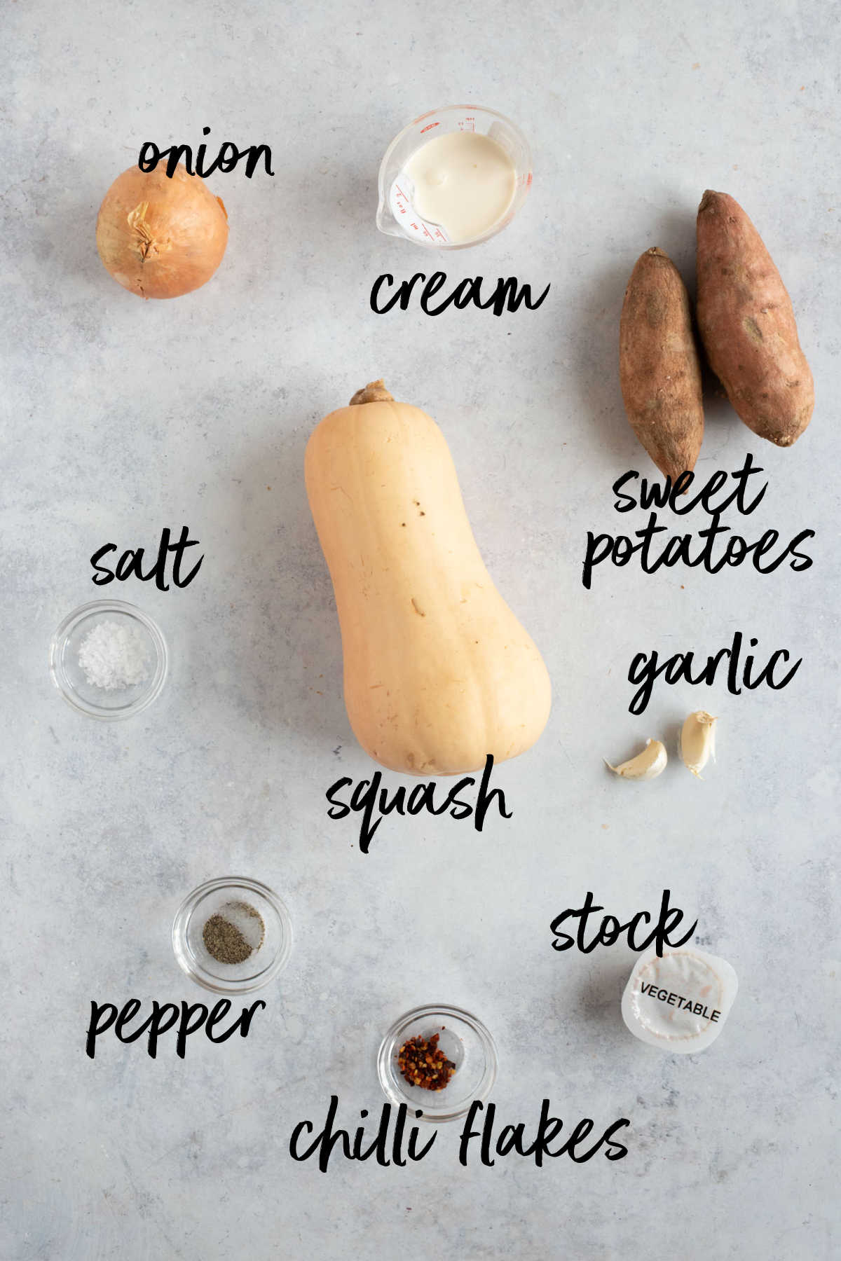 Ingredients for butternut squash and sweet potato soup.