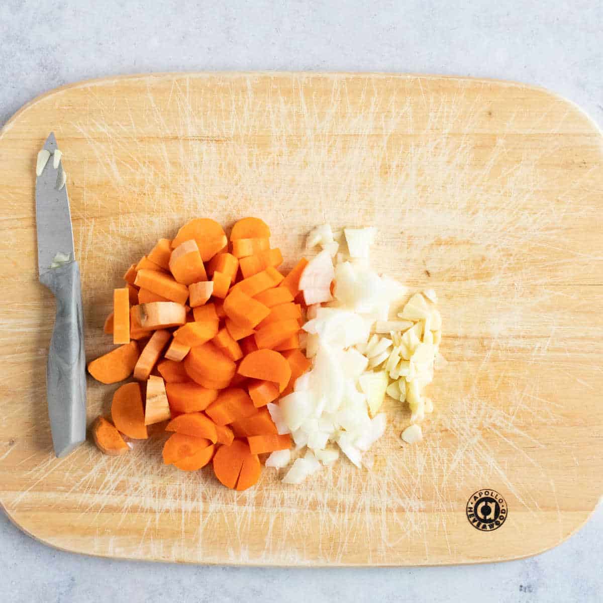 Chopped vegetables on a chopping board.