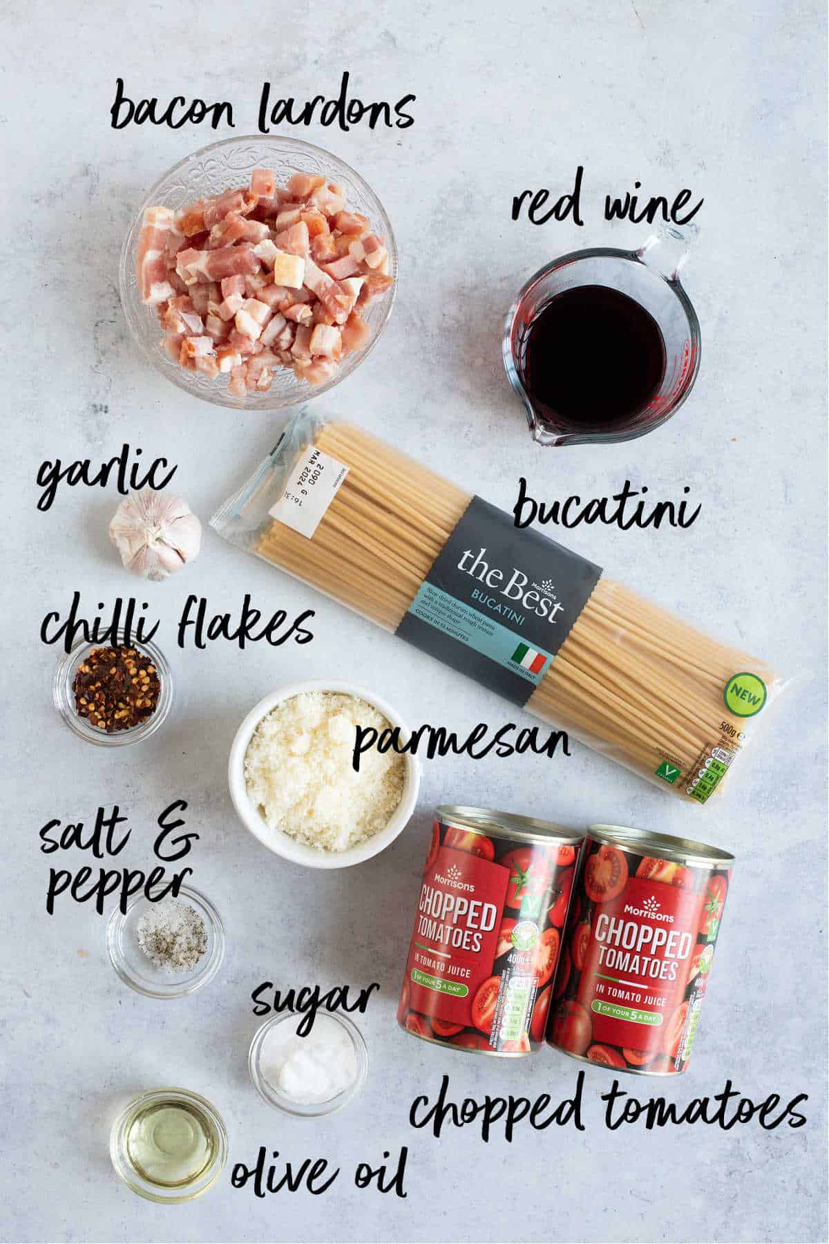 Ingredients for Bucatini all'Amatriciana.