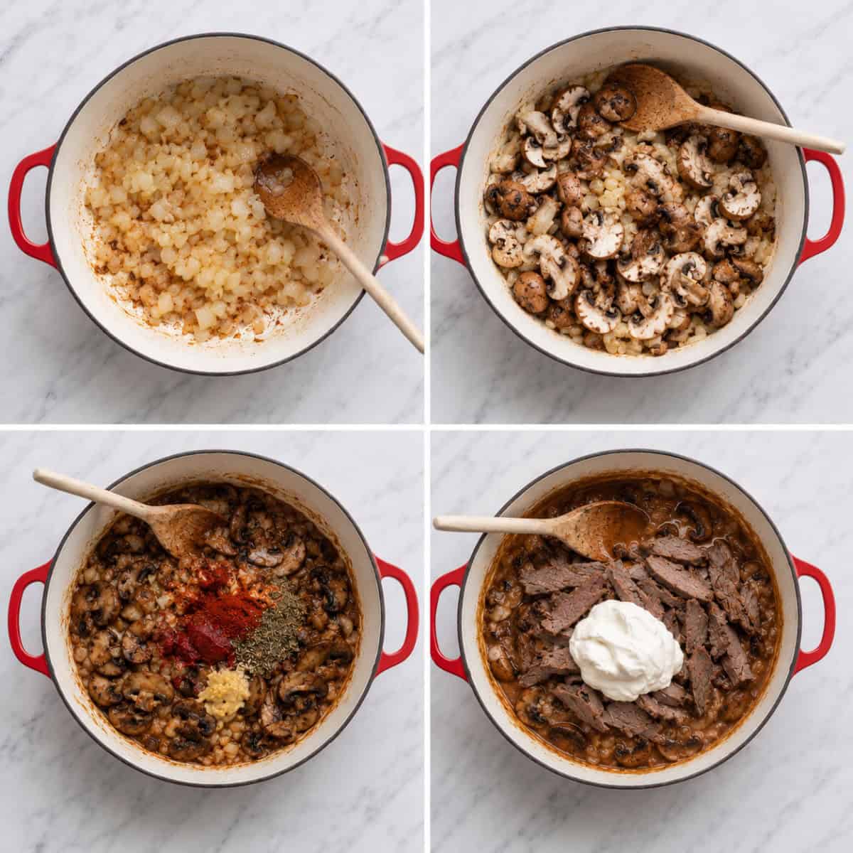 Process collage for making the leftover beef stroganoff.