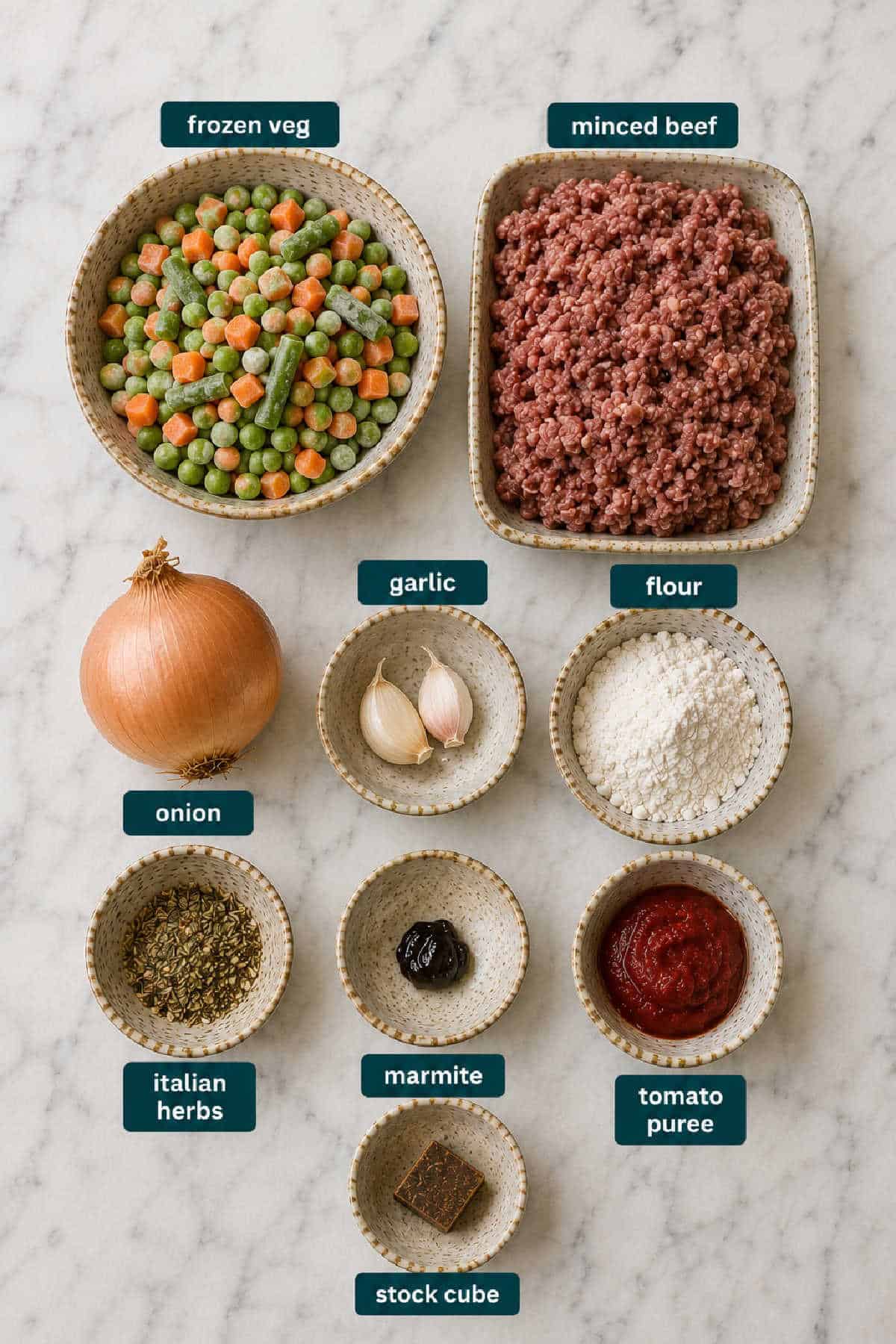Ingredients for savoury mince recipe.