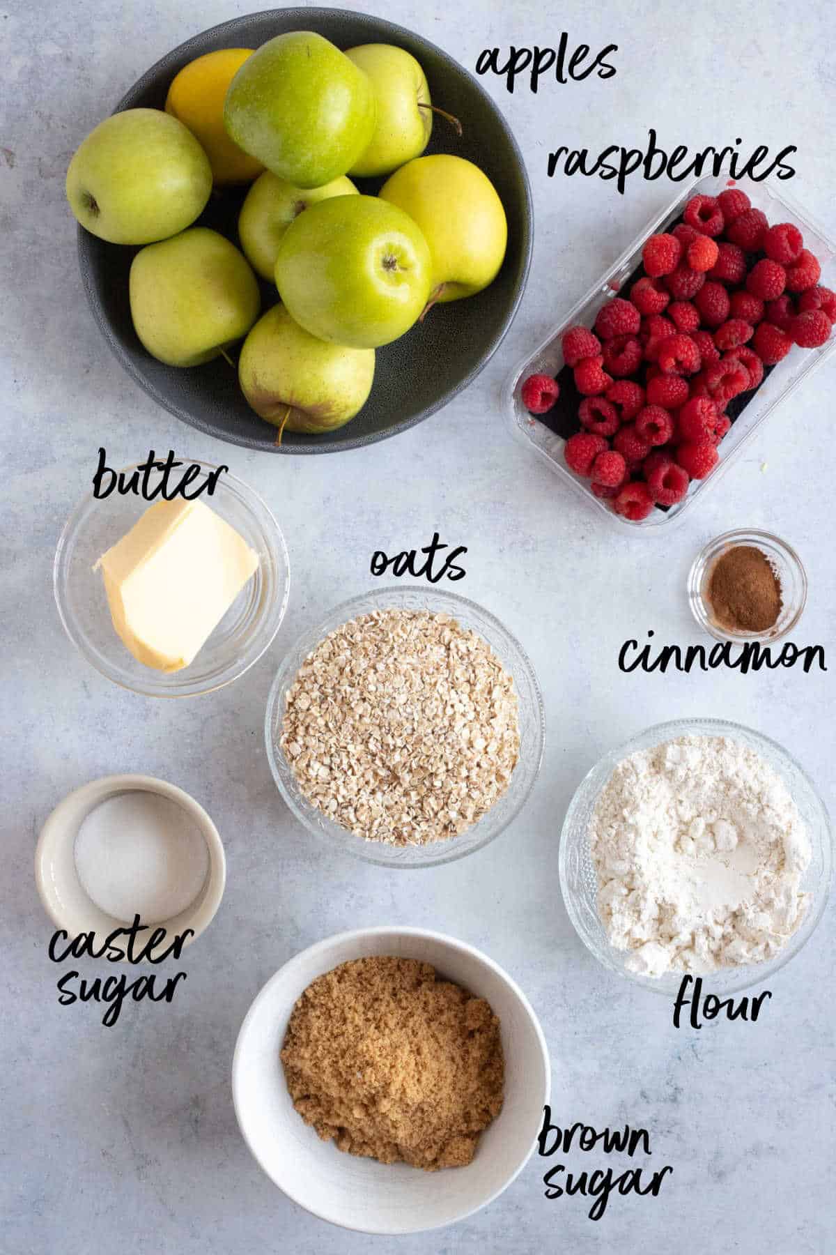 Ingredients for apple and raspberry crumble.
