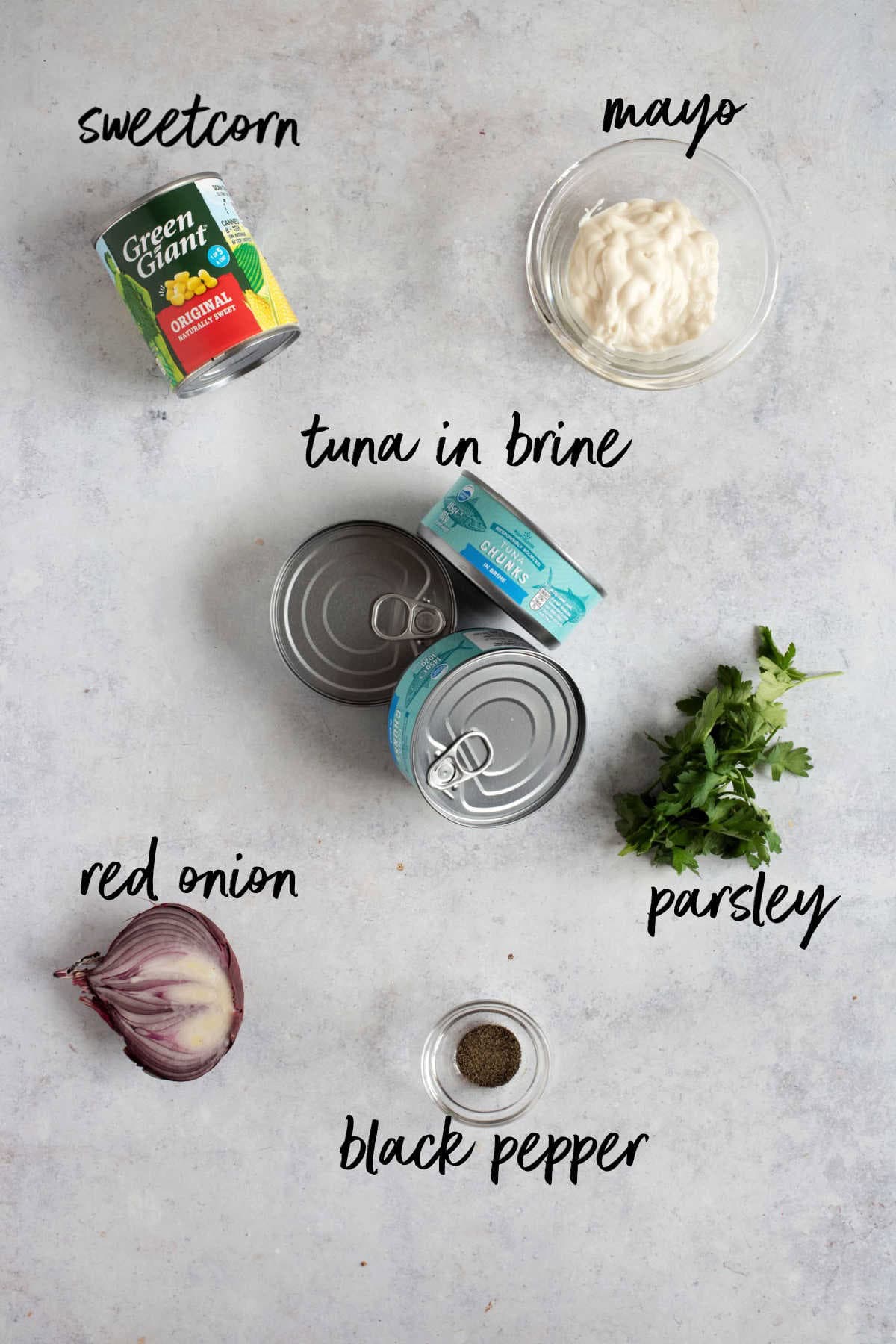 Ingredient's for tuna sweetcorn sandwich filler.