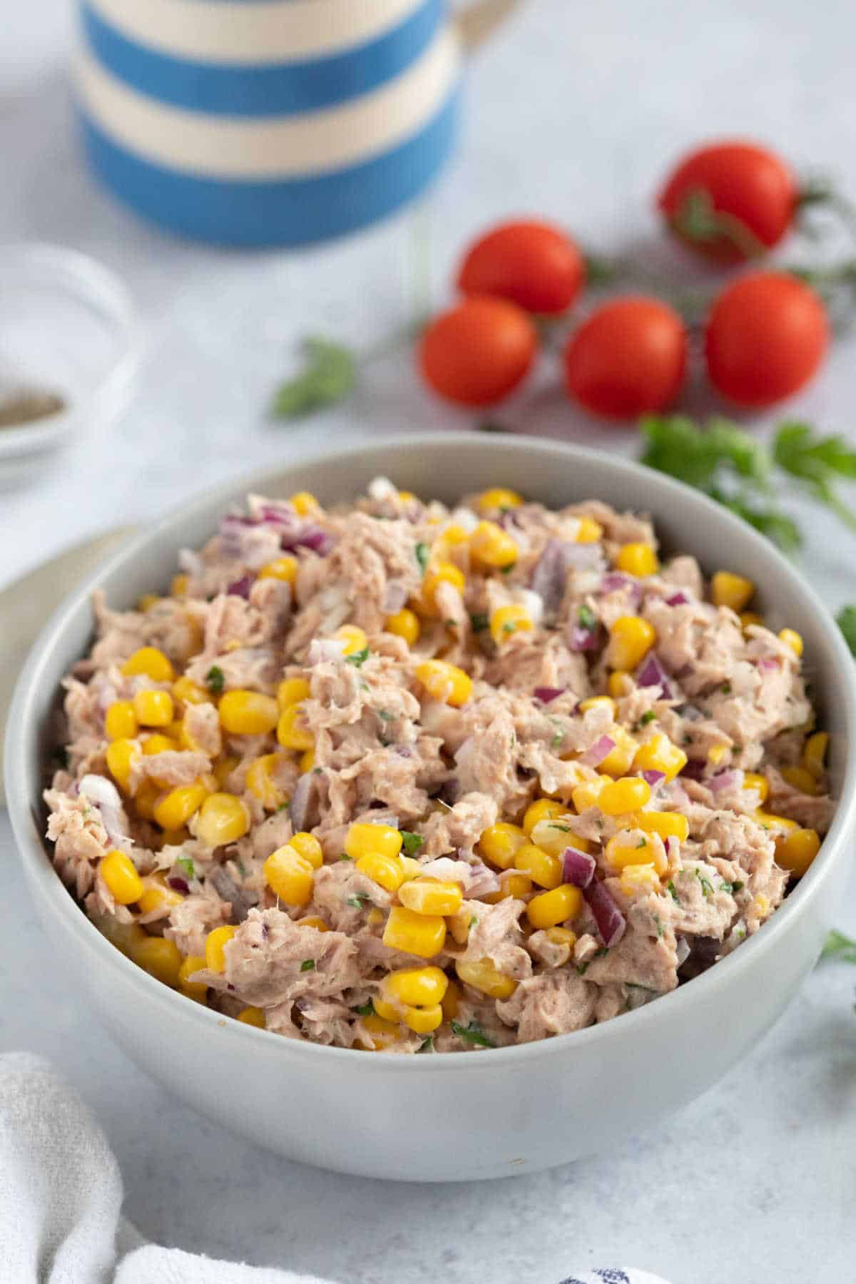 Tuna sweetcorn deli mix in a bowl.