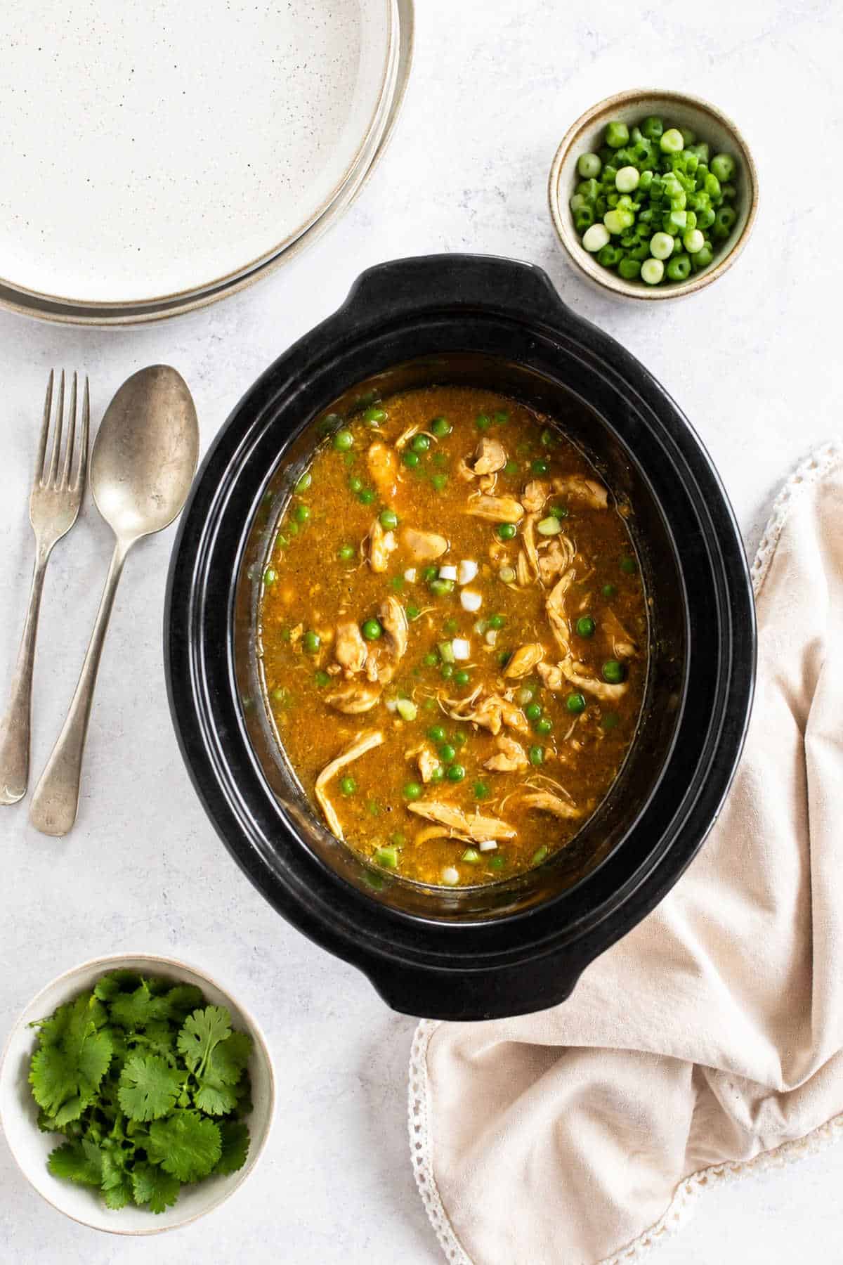 Chinese chicken curry in a slow cooker with plates at the side and chopped spring onions in a bowl.