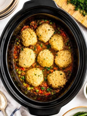 Mince and dumplings in a slow cooker.
