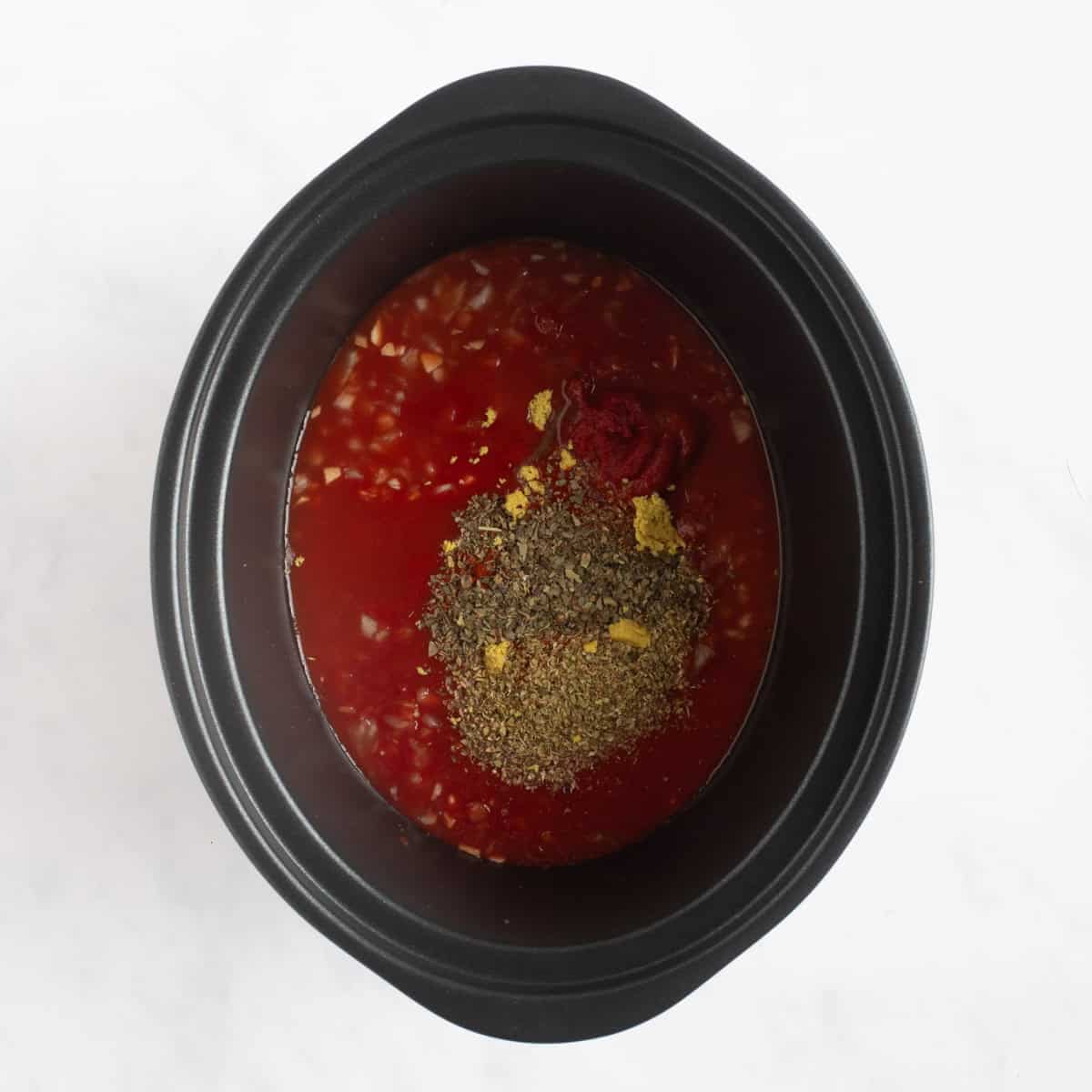 Passata sauce in slow cooker.